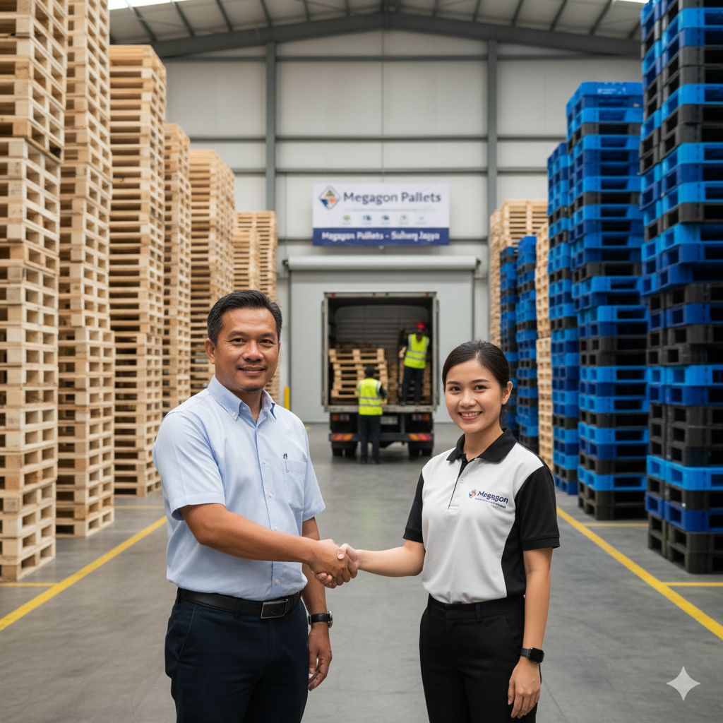 Two professionals shaking hands in a warehouse filled with wooden and plastic pallets, with a delivery truck in the background.